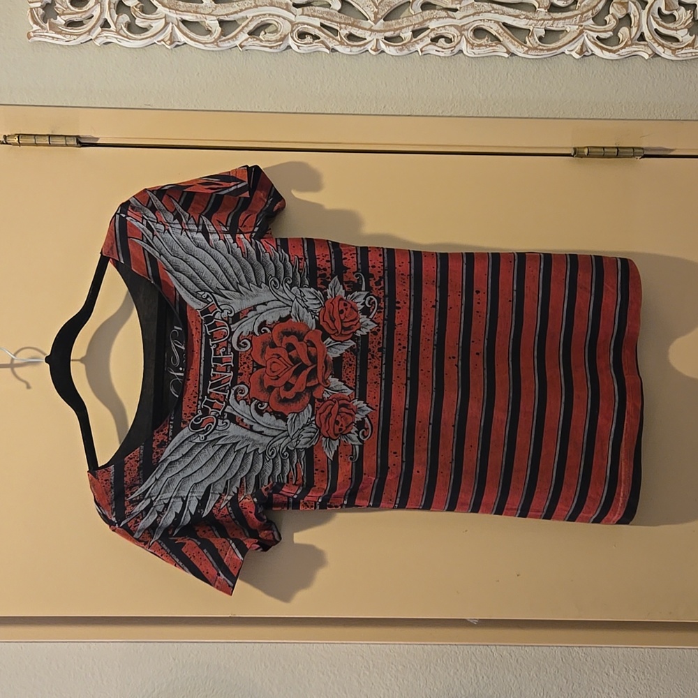 Sinful Affliction Size M Red and Black Muted Rose and Angel Wing Cap Sleeve Top
